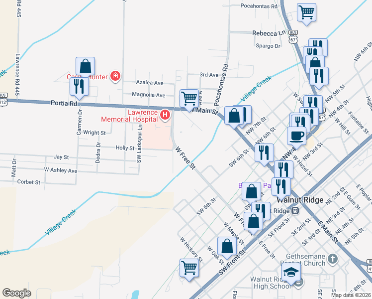 map of restaurants, bars, coffee shops, grocery stores, and more near 936 W Free St in Walnut Ridge