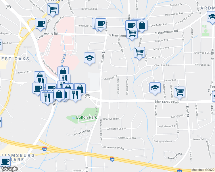 map of restaurants, bars, coffee shops, grocery stores, and more near 1322 Drumcliffe Road Southwest in Winston-Salem