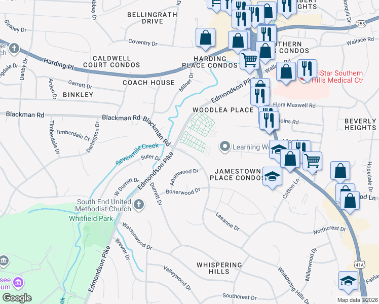 map of restaurants, bars, coffee shops, grocery stores, and more near 630 Whispering Hills Drive in Nashville