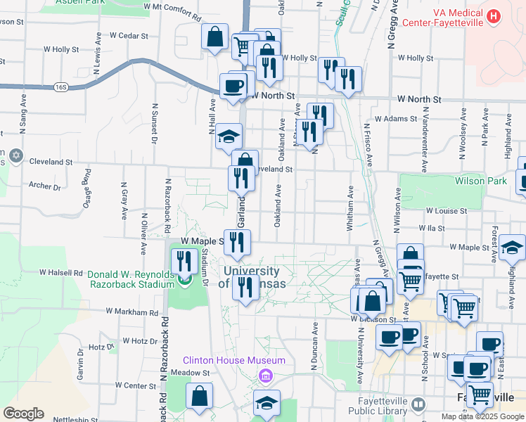 map of restaurants, bars, coffee shops, grocery stores, and more near 974 West Douglas Street in Fayetteville