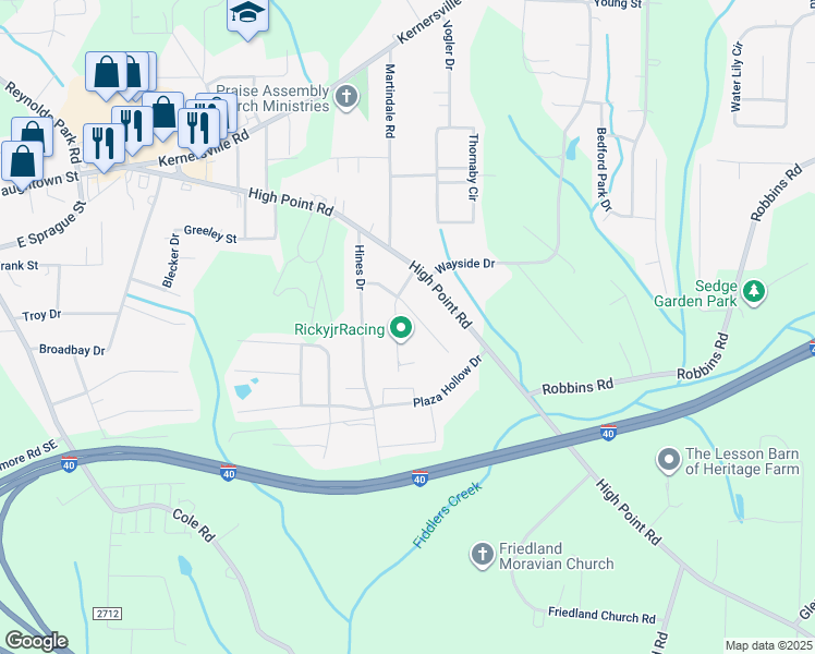 map of restaurants, bars, coffee shops, grocery stores, and more near Lubet Lane in Winston-Salem