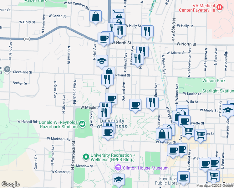 map of restaurants, bars, coffee shops, grocery stores, and more near 974 West Douglas Street in Fayetteville