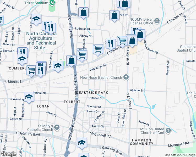 map of restaurants, bars, coffee shops, grocery stores, and more near 2105 Hillsboro Street in Greensboro