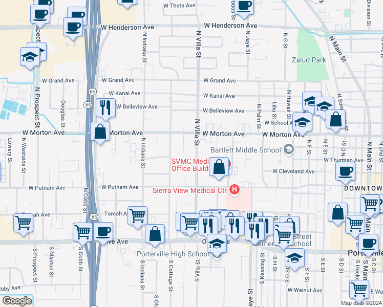 map of restaurants, bars, coffee shops, grocery stores, and more near 331 North Villa Street in Porterville