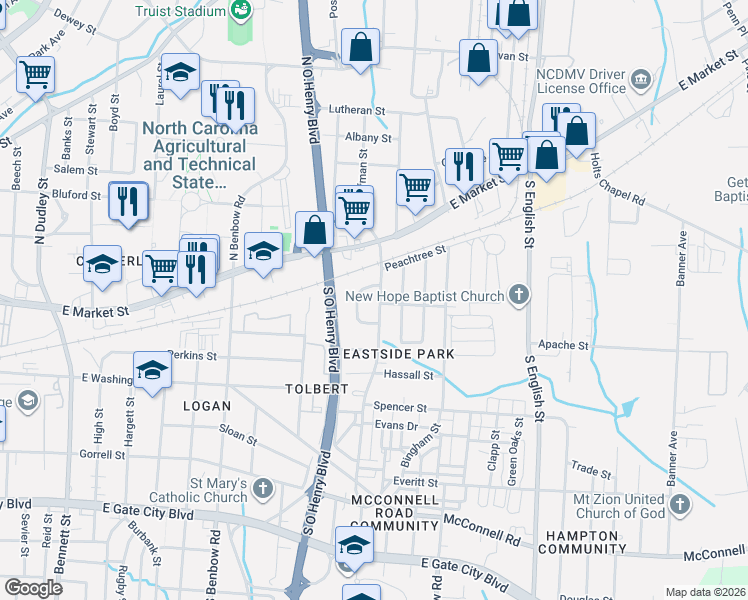 map of restaurants, bars, coffee shops, grocery stores, and more near 221 Gillespie Street in Greensboro