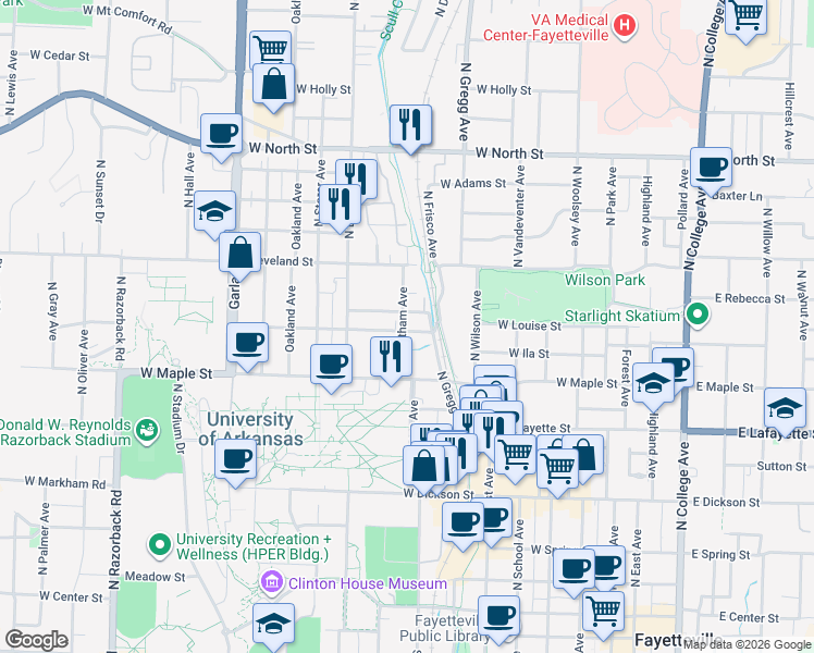 map of restaurants, bars, coffee shops, grocery stores, and more near 604 Whitham Avenue in Fayetteville