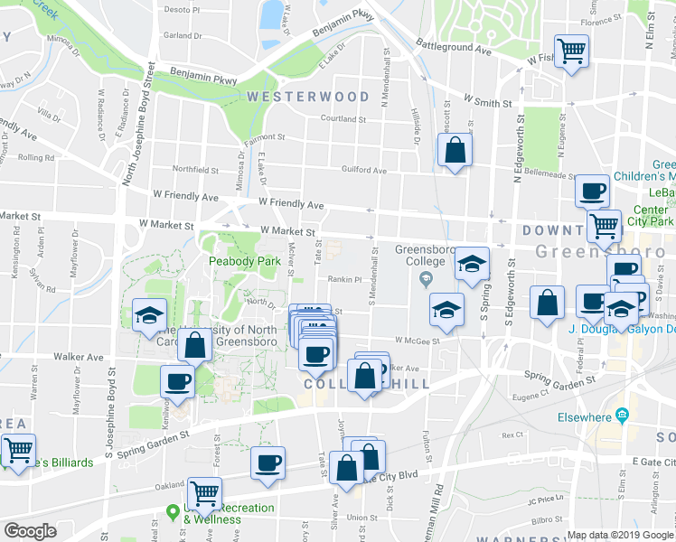 map of restaurants, bars, coffee shops, grocery stores, and more near 820 Rankin Place in Greensboro
