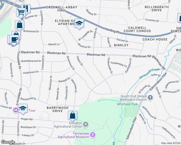 map of restaurants, bars, coffee shops, grocery stores, and more near 4926 Salem Drive in Nashville
