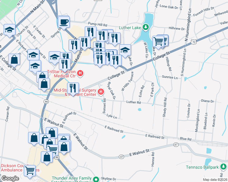 map of restaurants, bars, coffee shops, grocery stores, and more near 107 Royal Oak Drive in Dickson