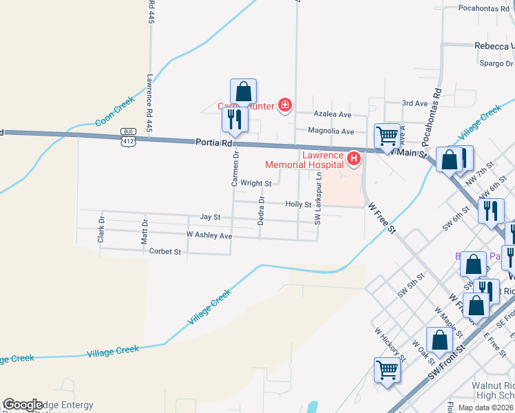 map of restaurants, bars, coffee shops, grocery stores, and more near 300 Dedra Drive in Walnut Ridge