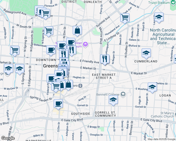 map of restaurants, bars, coffee shops, grocery stores, and more near 410 East Market Street in Greensboro