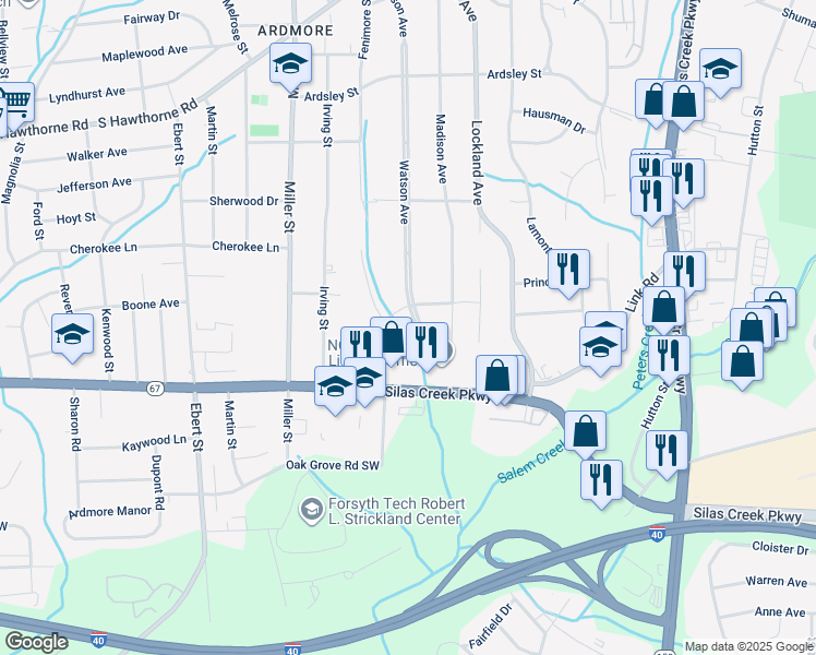 map of restaurants, bars, coffee shops, grocery stores, and more near 1301 Fenimore Street in Winston-Salem