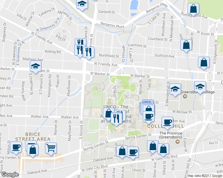 map of restaurants, bars, coffee shops, grocery stores, and more near Gray Dr in Greensboro
