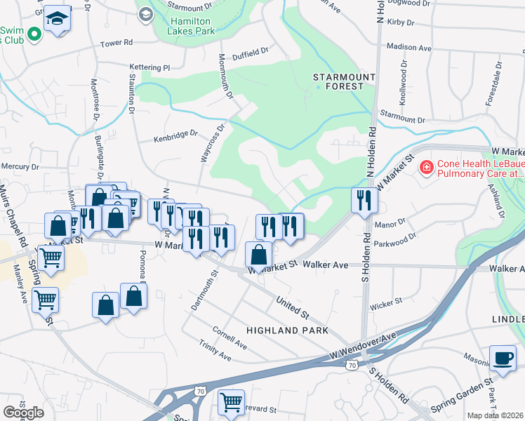 map of restaurants, bars, coffee shops, grocery stores, and more near 201 Staunton Drive in Greensboro