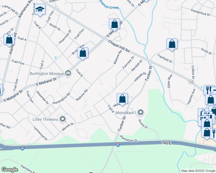 map of restaurants, bars, coffee shops, grocery stores, and more near 703 Rendall Court in Burlington