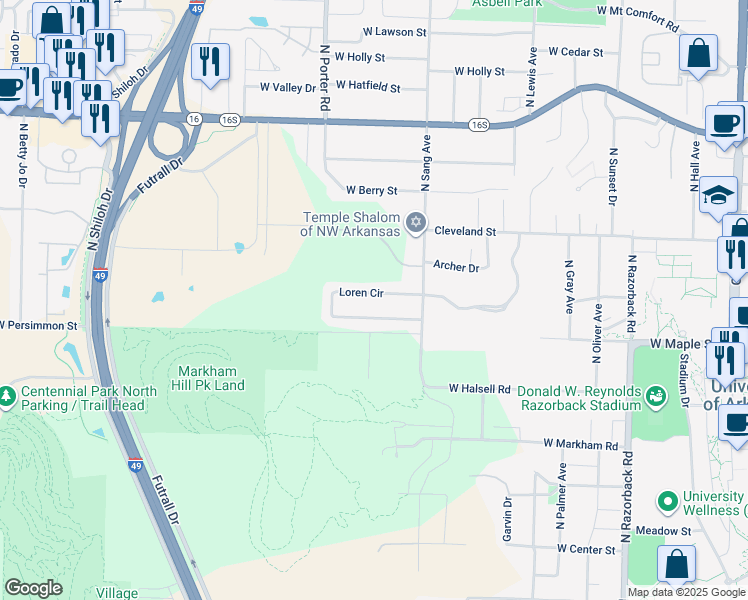 map of restaurants, bars, coffee shops, grocery stores, and more near 2134 Loren Circle in Fayetteville