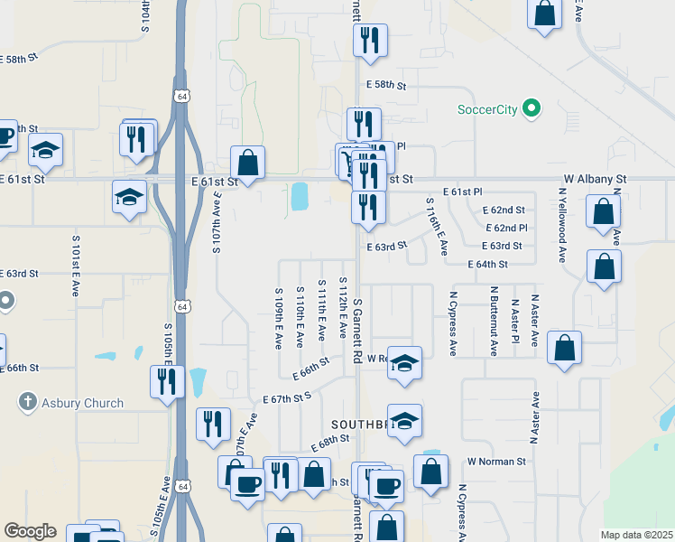 map of restaurants, bars, coffee shops, grocery stores, and more near 6301 South Garnett Road in Broken Arrow
