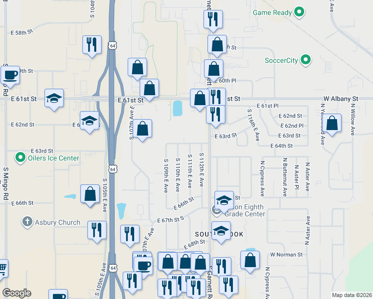 map of restaurants, bars, coffee shops, grocery stores, and more near 6310 S 111th E Ave in Tulsa