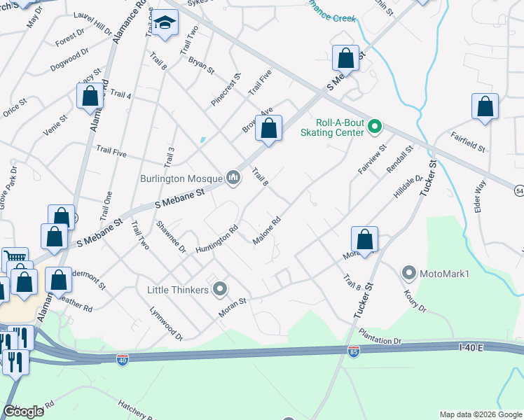 map of restaurants, bars, coffee shops, grocery stores, and more near 609 Malone Court in Burlington