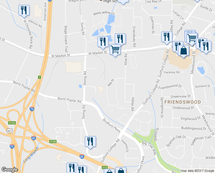 map of restaurants, bars, coffee shops, grocery stores, and more near 6225 Nile Place in Greensboro