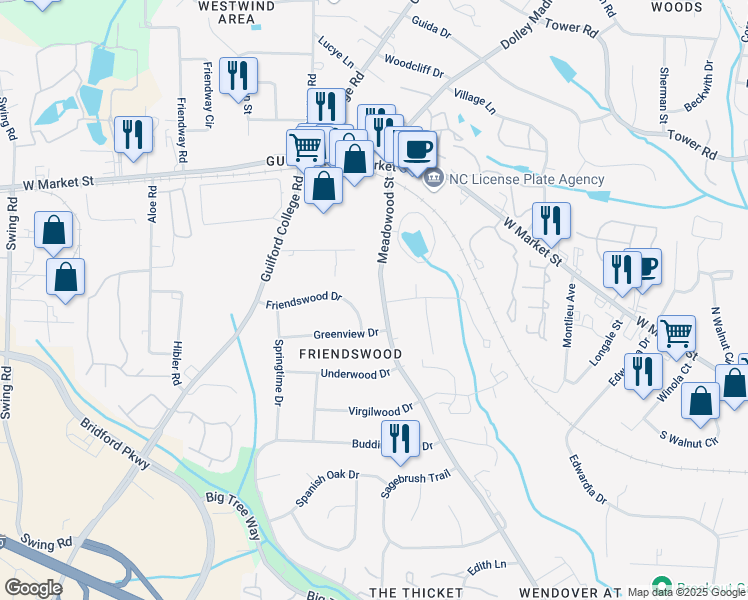 map of restaurants, bars, coffee shops, grocery stores, and more near 212 Meadowood Street in Greensboro