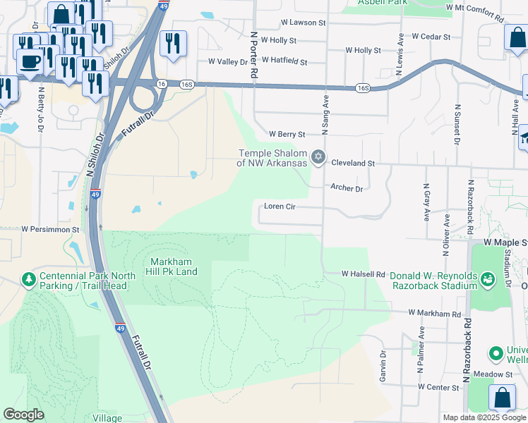 map of restaurants, bars, coffee shops, grocery stores, and more near 2124 Loren Circle in Fayetteville