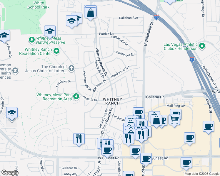 map of restaurants, bars, coffee shops, grocery stores, and more near 823 Rising Star Drive in Henderson