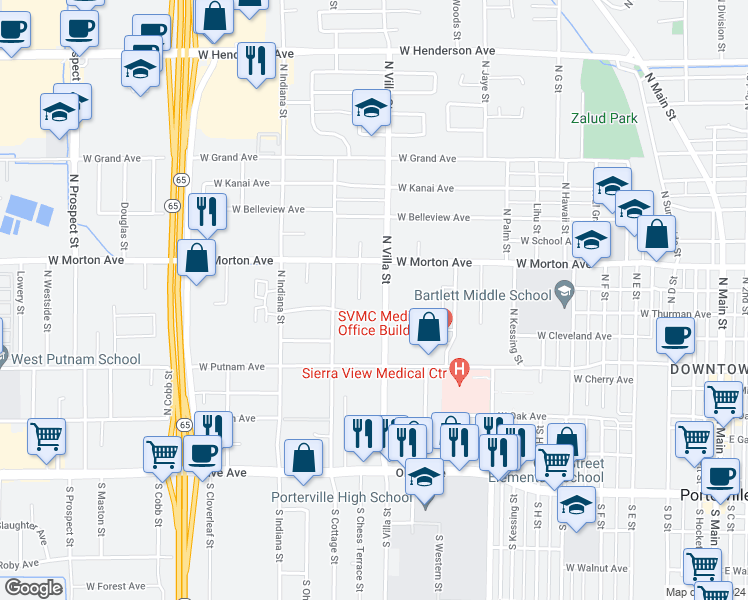 map of restaurants, bars, coffee shops, grocery stores, and more near 351 North Villa Street in Porterville