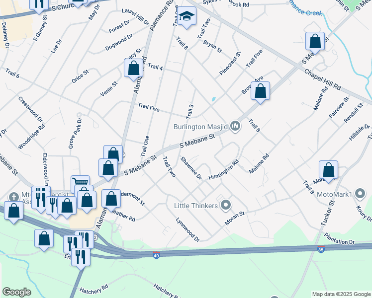 map of restaurants, bars, coffee shops, grocery stores, and more near 2022 South Mebane Street in Burlington
