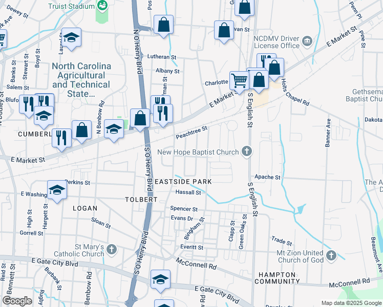 map of restaurants, bars, coffee shops, grocery stores, and more near 220 Gant Street in Greensboro