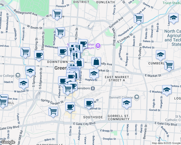 map of restaurants, bars, coffee shops, grocery stores, and more near 113 North Church Street in Greensboro