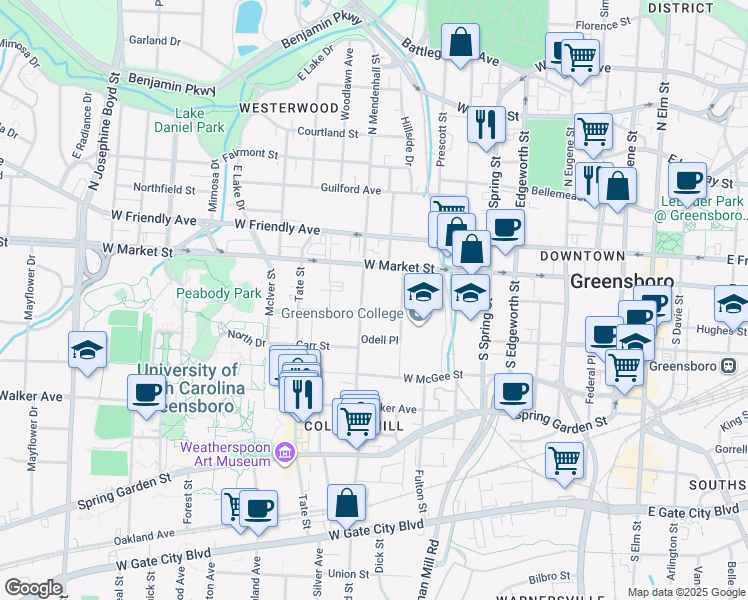 map of restaurants, bars, coffee shops, grocery stores, and more near 110 College Place in Greensboro
