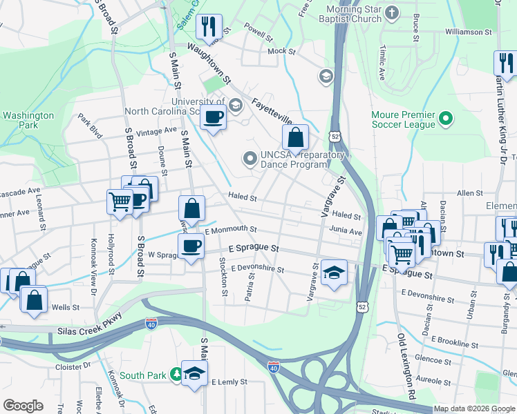 map of restaurants, bars, coffee shops, grocery stores, and more near 1000 Center Stage Court in Winston-Salem