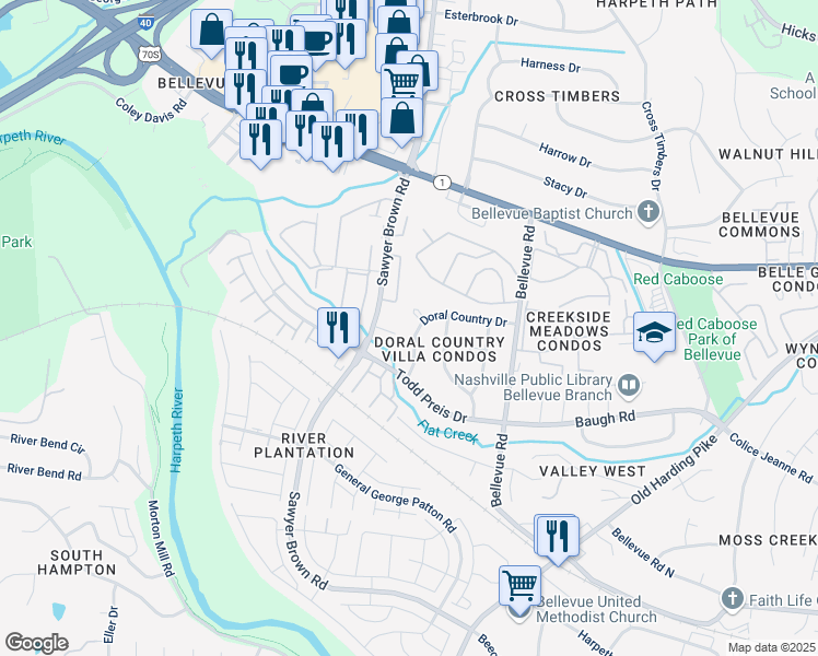 map of restaurants, bars, coffee shops, grocery stores, and more near 529 Doral Country Drive in Nashville
