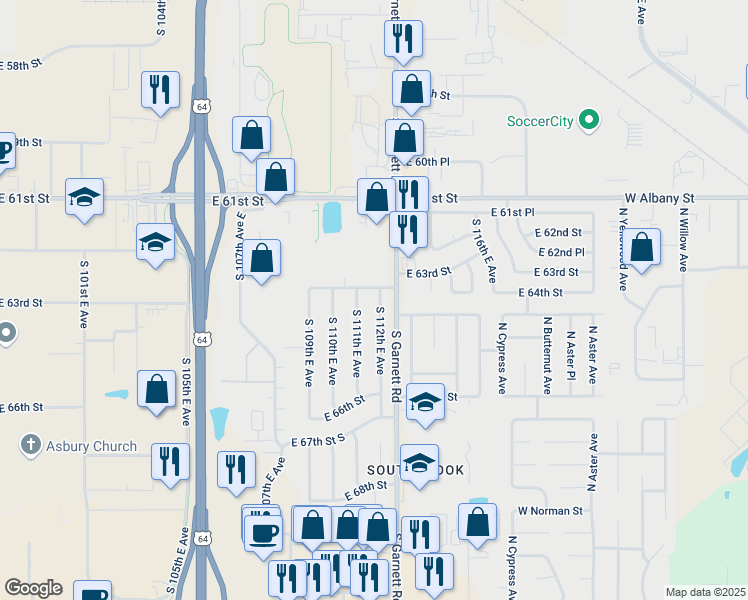map of restaurants, bars, coffee shops, grocery stores, and more near 6301 South Garnett Road in Broken Arrow