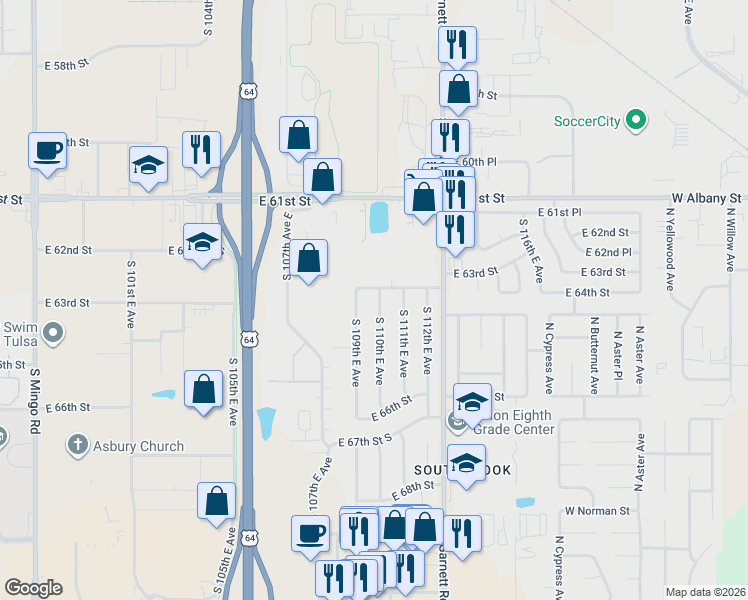 map of restaurants, bars, coffee shops, grocery stores, and more near 6309 South 109th East Avenue in Tulsa