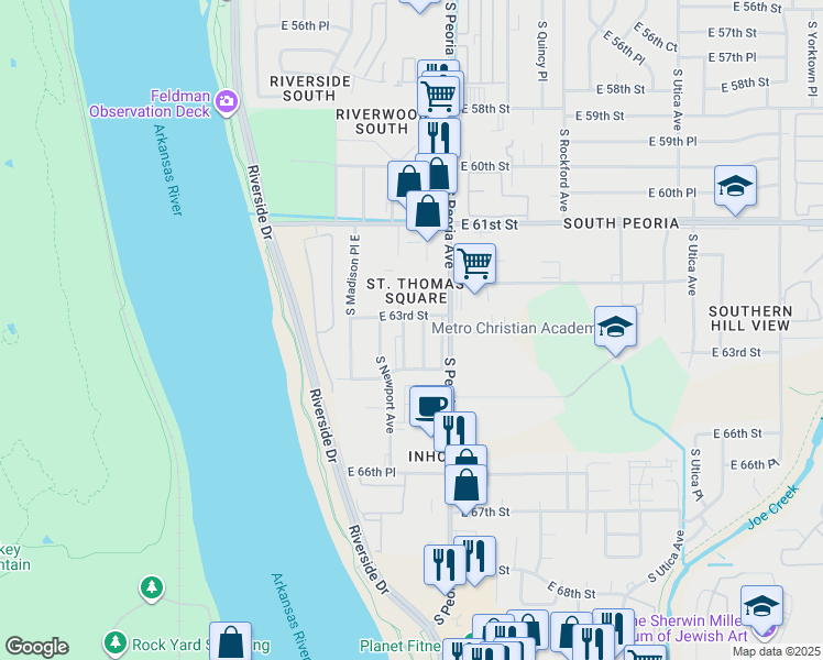 map of restaurants, bars, coffee shops, grocery stores, and more near in Tulsa