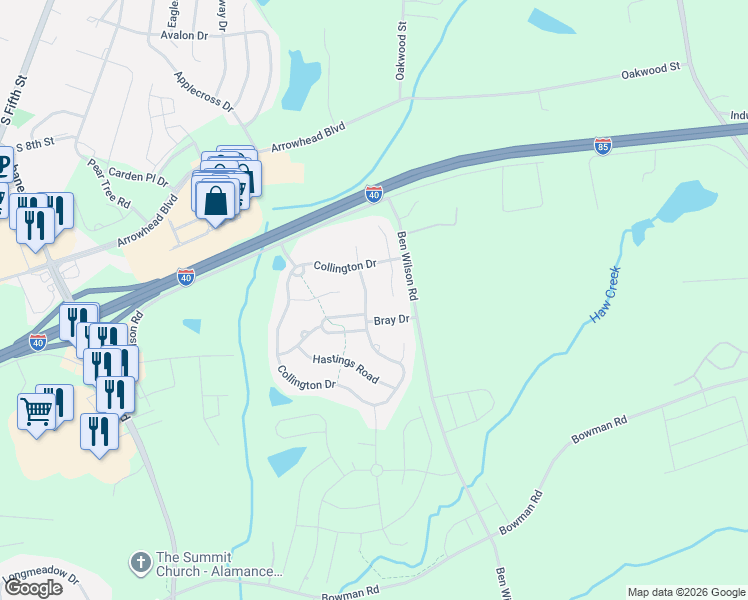 map of restaurants, bars, coffee shops, grocery stores, and more near 214 South Norwood Court in Mebane