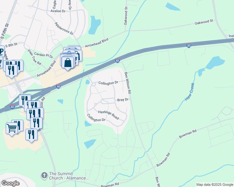 map of restaurants, bars, coffee shops, grocery stores, and more near 1006 Collington Drive in Mebane