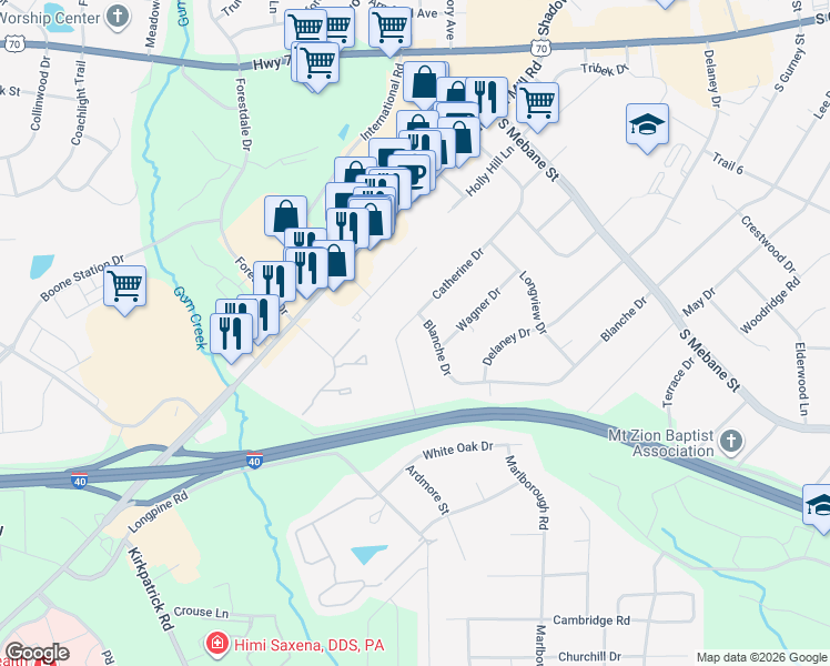 map of restaurants, bars, coffee shops, grocery stores, and more near 2708 Catherine Drive in Burlington