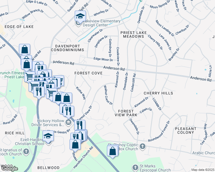map of restaurants, bars, coffee shops, grocery stores, and more near 2645 Forest View Drive in Nashville