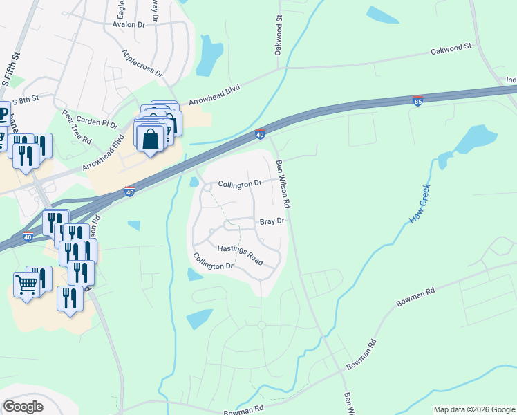 map of restaurants, bars, coffee shops, grocery stores, and more near 1006 Collington Drive in Mebane