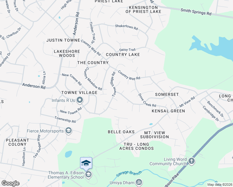 map of restaurants, bars, coffee shops, grocery stores, and more near 3285 Towne Village Road in Nashville