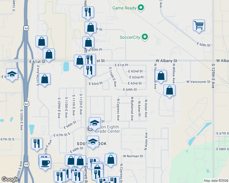 map of restaurants, bars, coffee shops, grocery stores, and more near 11602 E 64th St in Broken Arrow