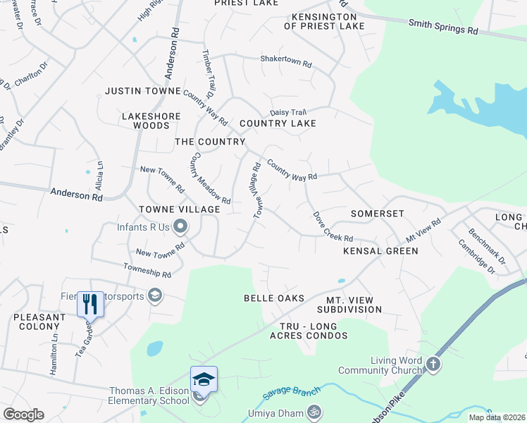 map of restaurants, bars, coffee shops, grocery stores, and more near 3285 Towne Village Road in Nashville