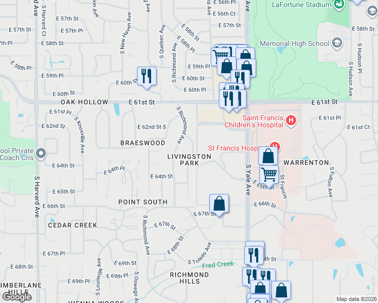 map of restaurants, bars, coffee shops, grocery stores, and more near 6224 South Sandusky Avenue in Tulsa