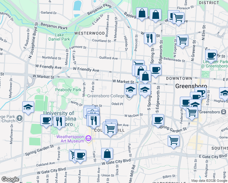 map of restaurants, bars, coffee shops, grocery stores, and more near 120 South Mendenhall Street in Greensboro
