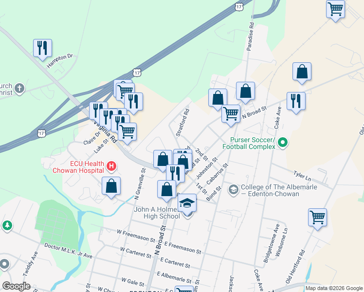map of restaurants, bars, coffee shops, grocery stores, and more near 203 2nd Street in Edenton