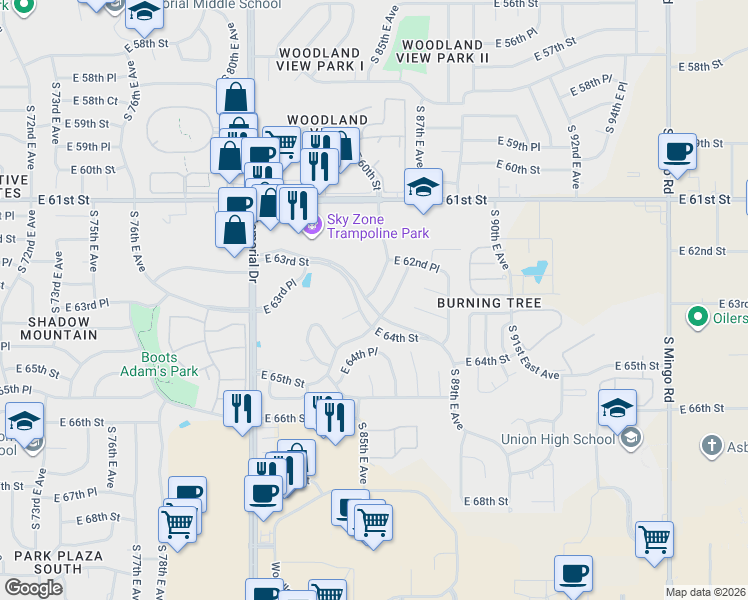 map of restaurants, bars, coffee shops, grocery stores, and more near 8605 East 63rd Street in Tulsa