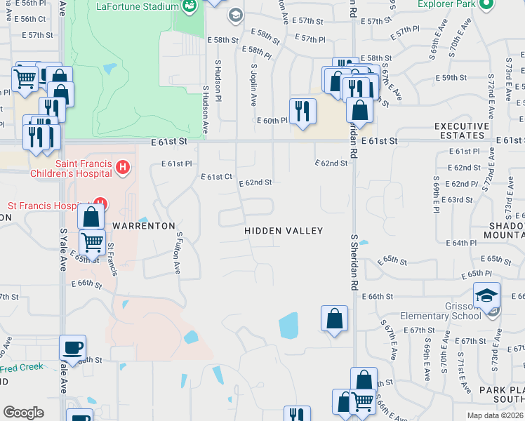 map of restaurants, bars, coffee shops, grocery stores, and more near 5831 East 63rd Street in Tulsa